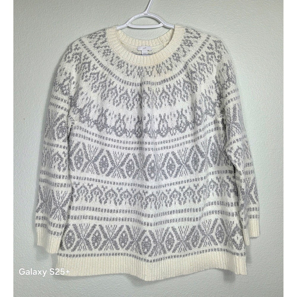 J. Jill Women Gray Cream Fair Isle Knit Cotton Blend Crewneck Sweater Size M